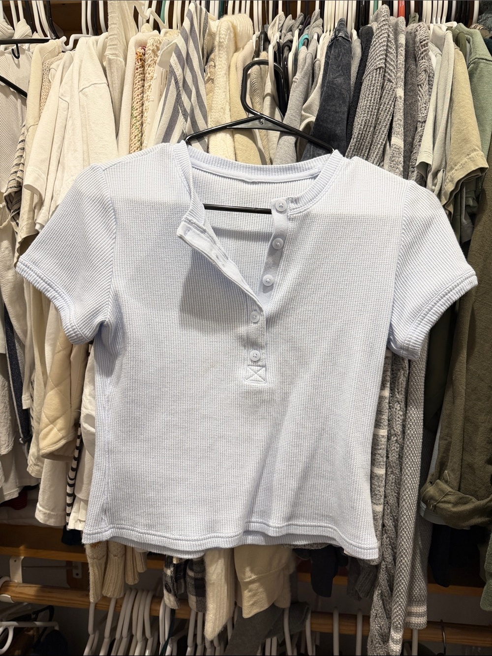 Vuori Light Blue Ribbed Henley Short Sleeve Tee
